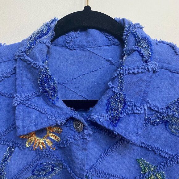 Tantrums Jacket Women's L Blue Floral Vintage Embroidered Flower Button Collared - Picture 6 of 9